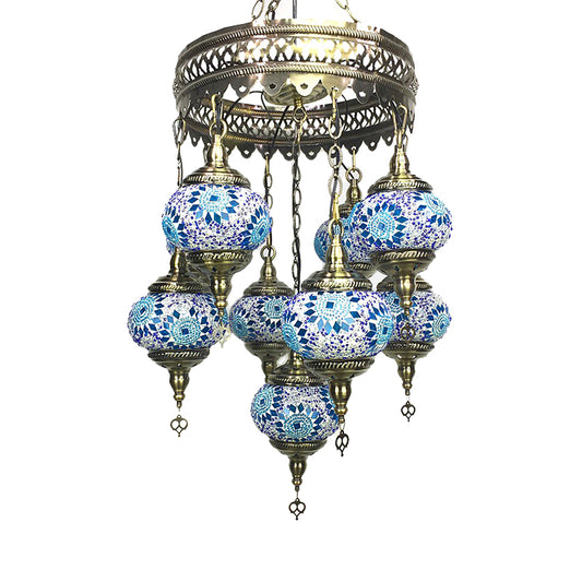 Ball Hanging Chandelier Traditionary Sky Blue/Green/Royal Blue Glass 9 Heads Ceiling Light Fixture for Living Room Clearhalo 'Ceiling Lights' 'Chandeliers' 'Glass shade' 'Glass' Lighting' 248020