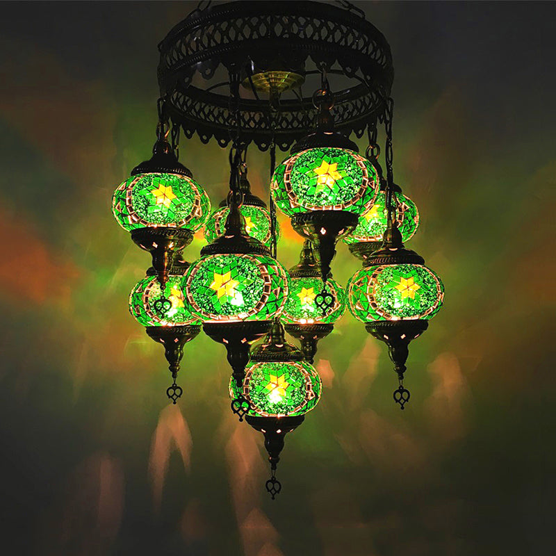 Ball Hanging Chandelier Traditionary Sky Blue/Green/Royal Blue Glass 9 Heads Ceiling Light Fixture for Living Room Green Clearhalo 'Ceiling Lights' 'Chandeliers' 'Glass shade' 'Glass' Lighting' 248021