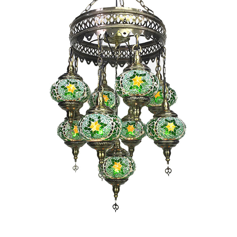 Ball Hanging Chandelier Traditionary Sky Blue/Green/Royal Blue Glass 9 Heads Ceiling Light Fixture for Living Room Clearhalo 'Ceiling Lights' 'Chandeliers' 'Glass shade' 'Glass' Lighting' 248022