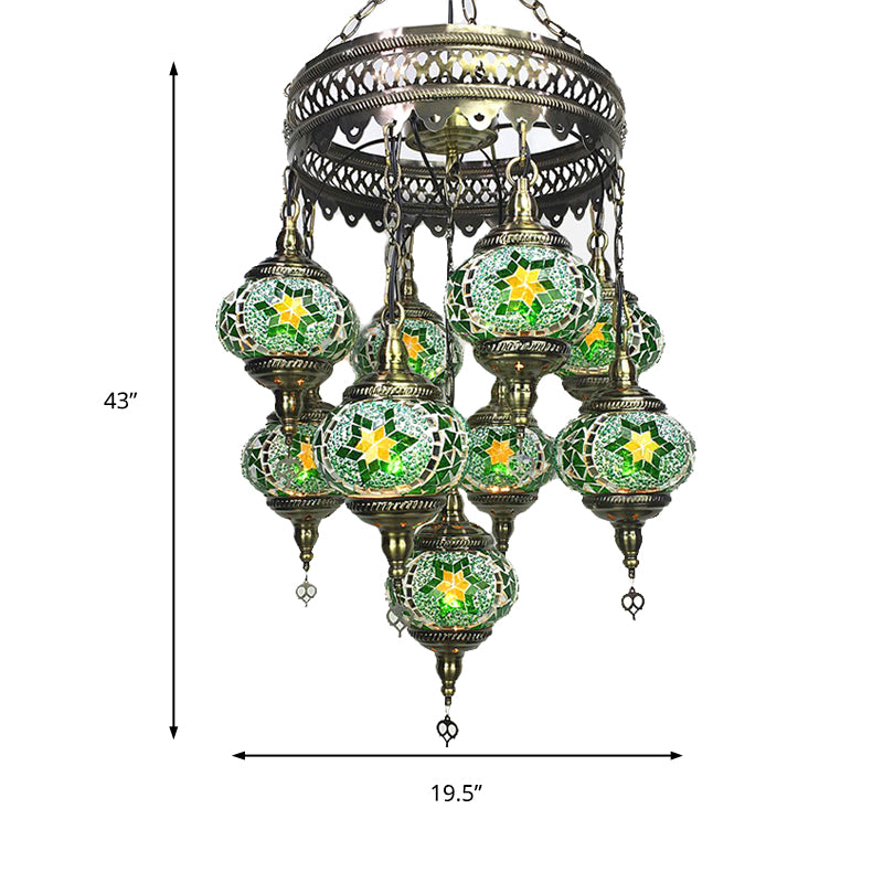 Ball Hanging Chandelier Traditionary Sky Blue/Green/Royal Blue Glass 9 Heads Ceiling Light Fixture for Living Room Clearhalo 'Ceiling Lights' 'Chandeliers' 'Glass shade' 'Glass' Lighting' 248023