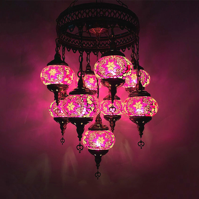 Sphere Chandelier Light Retro Red/Pink/Orange/Watermelon Red Glass 9 Heads Hanging Lamp for Restaurant Pink Clearhalo 'Ceiling Lights' 'Chandeliers' 'Glass shade' 'Glass' Lighting' 248032