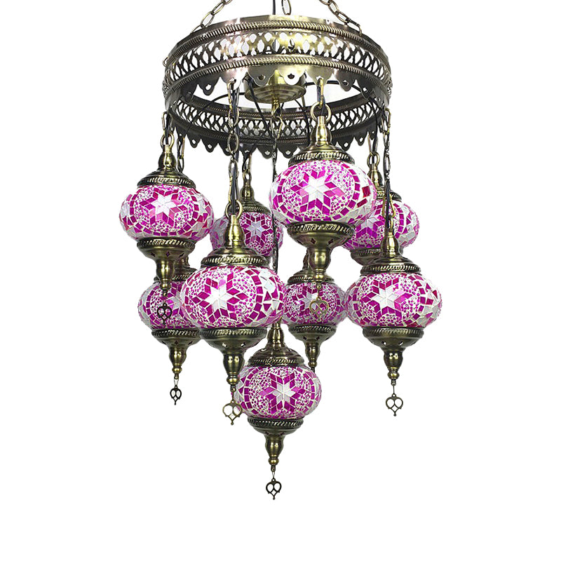 Sphere Chandelier Light Retro Red/Pink/Orange/Watermelon Red Glass 9 Heads Hanging Lamp for Restaurant Clearhalo 'Ceiling Lights' 'Chandeliers' 'Glass shade' 'Glass' Lighting' 248033