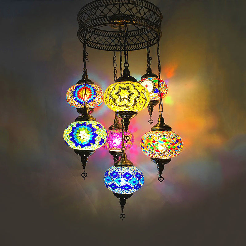 7 Heads Living Room Chandelier Antique Bronze Suspended Lighting Fixture with Spherical Colorful Glass Shade Bronze Clearhalo 'Ceiling Lights' 'Chandeliers' 'Glass shade' 'Glass' Lighting' 248034
