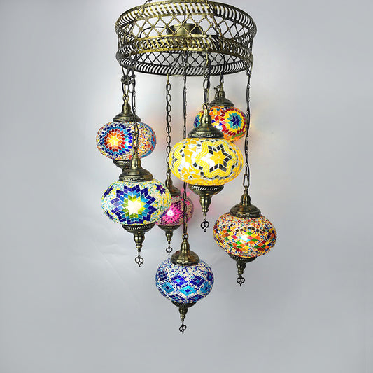 7 Heads Living Room Chandelier Antique Bronze Suspended Lighting Fixture with Spherical Colorful Glass Shade Clearhalo 'Ceiling Lights' 'Chandeliers' 'Glass shade' 'Glass' Lighting' 248035