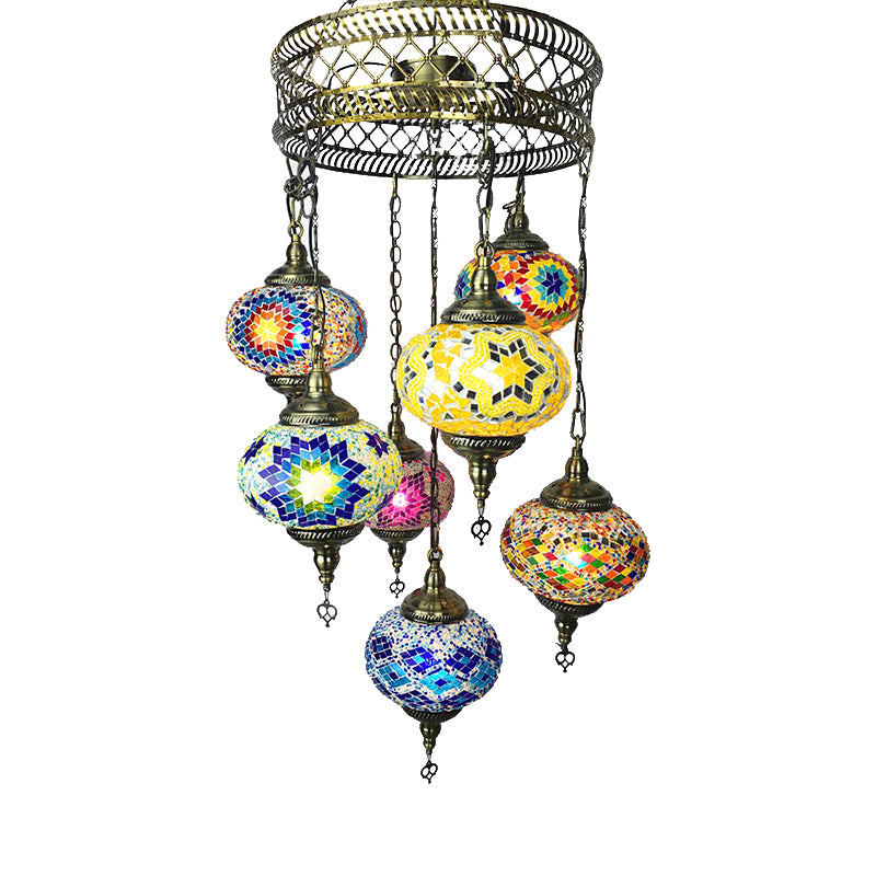 7 Heads Living Room Chandelier Antique Bronze Suspended Lighting Fixture with Spherical Colorful Glass Shade Clearhalo 'Ceiling Lights' 'Chandeliers' 'Glass shade' 'Glass' Lighting' 248036