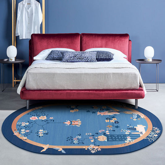 Blue Flower Printed Rug Cotton Blend Vintage Area Carpet Non-Slip Backing Stain-Resistant Indoor Rug for Bedroom Clearhalo 'Area Rug' 'Rug' 2480376