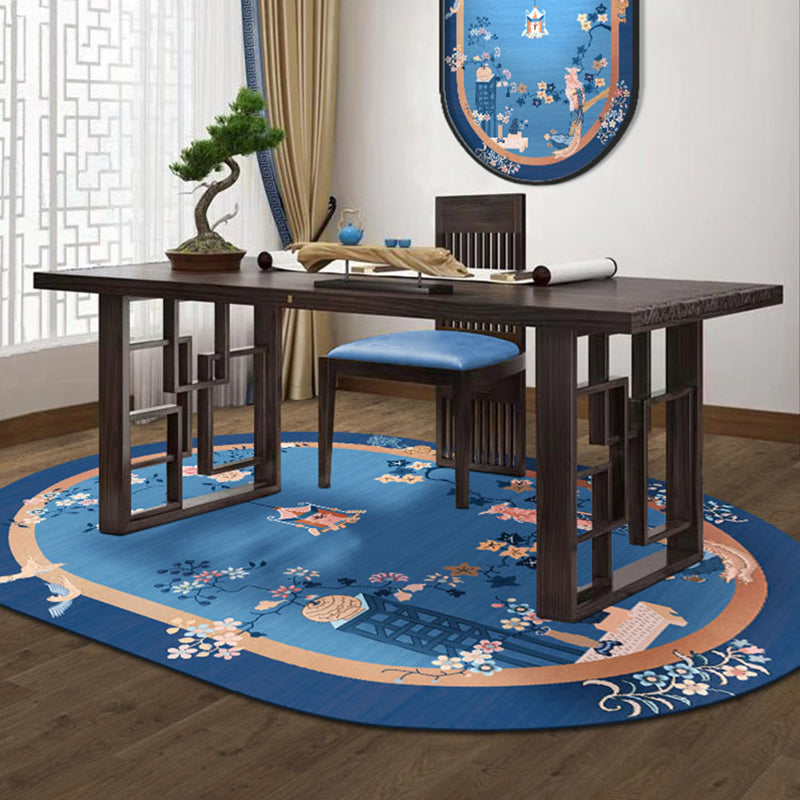 Blue Flower Printed Rug Cotton Blend Vintage Area Carpet Non-Slip Backing Stain-Resistant Indoor Rug for Bedroom Clearhalo 'Area Rug' 'Rug' 2480377