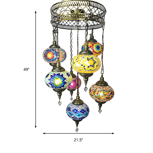 7 Heads Living Room Chandelier Antique Bronze Suspended Lighting Fixture with Spherical Colorful Glass Shade Clearhalo 'Ceiling Lights' 'Chandeliers' 'Glass shade' 'Glass' Lighting' 248037