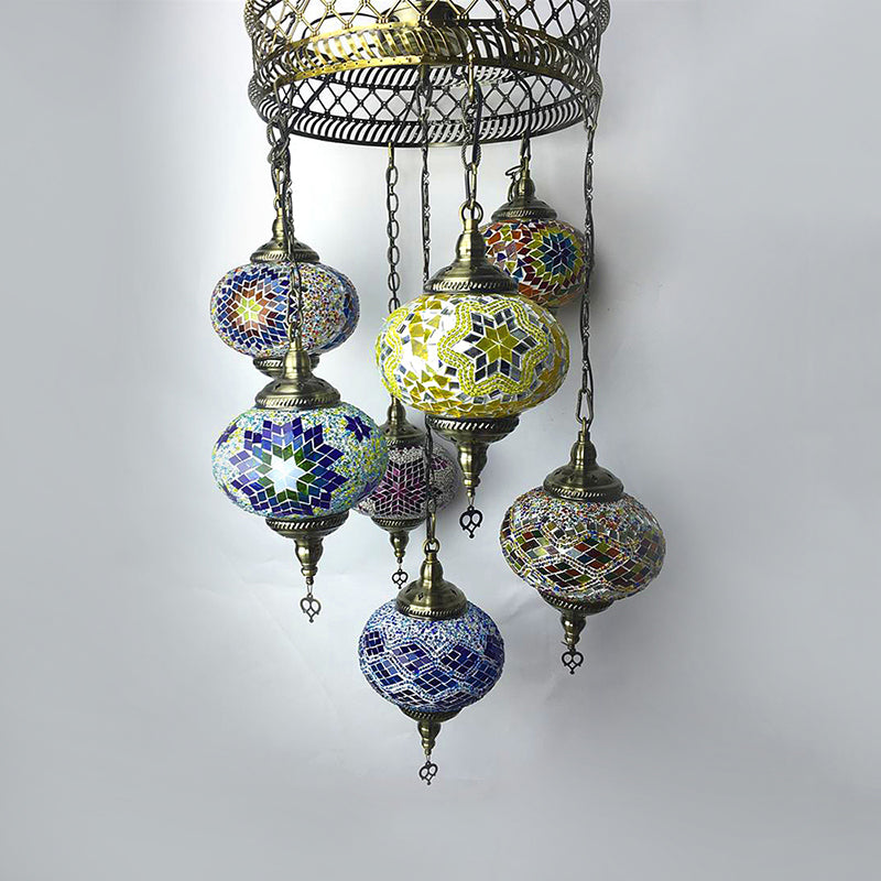 7 Heads Living Room Chandelier Antique Bronze Suspended Lighting Fixture with Spherical Colorful Glass Shade Clearhalo 'Ceiling Lights' 'Chandeliers' 'Glass shade' 'Glass' Lighting' 248038