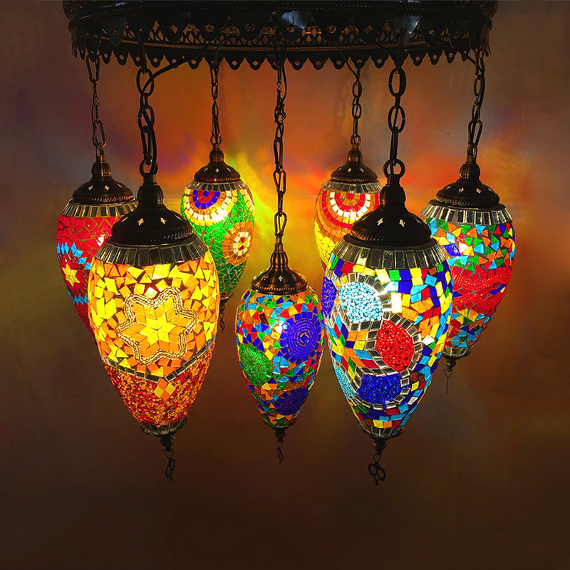 Traditionary 7 Heads Chandelier Lamp Bronze Teardrop Pendant Light with Colorful Glass Shade for Coffee House Bronze Clearhalo 'Ceiling Lights' 'Chandeliers' 'Glass shade' 'Glass' Lighting' 248039