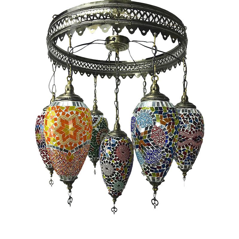 Traditionary 7 Heads Chandelier Lamp Bronze Teardrop Pendant Light with Colorful Glass Shade for Coffee House Clearhalo 'Ceiling Lights' 'Chandeliers' 'Glass shade' 'Glass' Lighting' 248041
