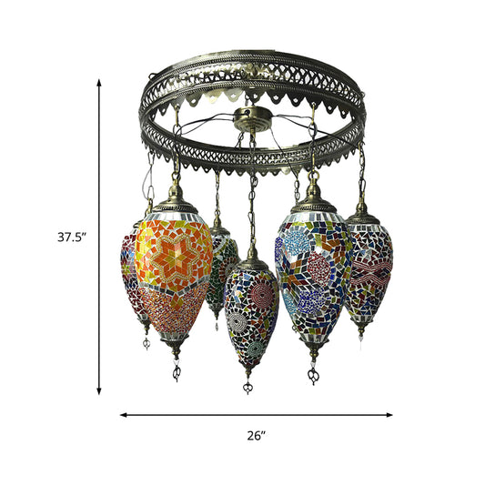 Traditionary 7 Heads Chandelier Lamp Bronze Teardrop Pendant Light with Colorful Glass Shade for Coffee House Clearhalo 'Ceiling Lights' 'Chandeliers' 'Glass shade' 'Glass' Lighting' 248042