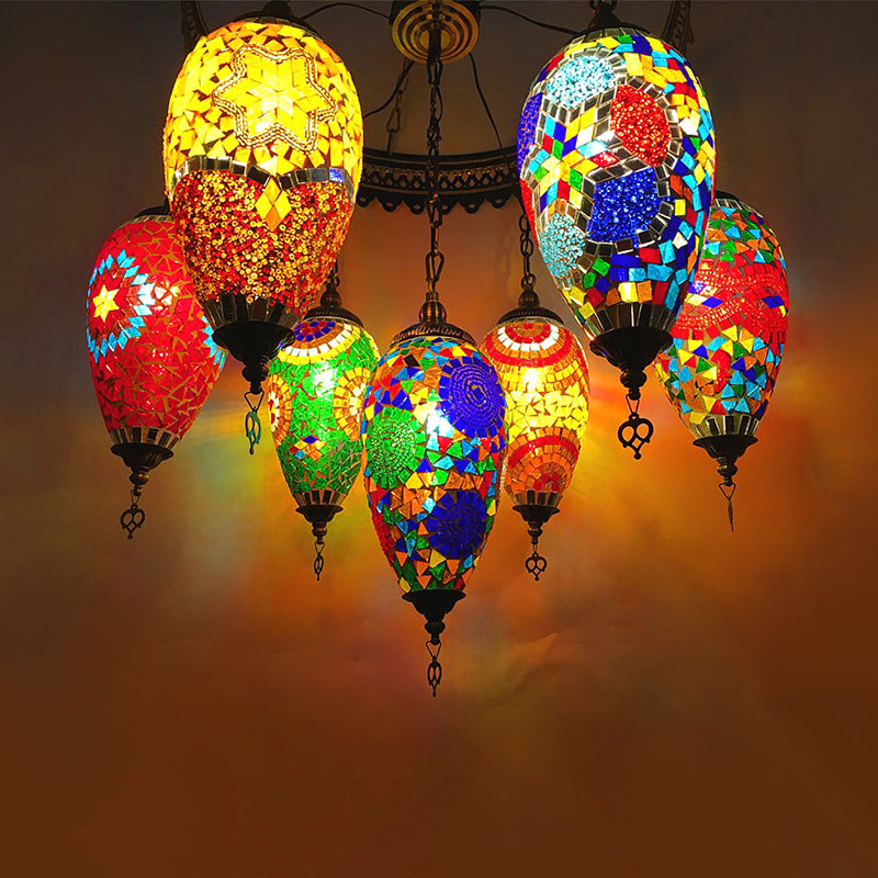 Traditionary 7 Heads Chandelier Lamp Bronze Teardrop Pendant Light with Colorful Glass Shade for Coffee House Clearhalo 'Ceiling Lights' 'Chandeliers' 'Glass shade' 'Glass' Lighting' 248044