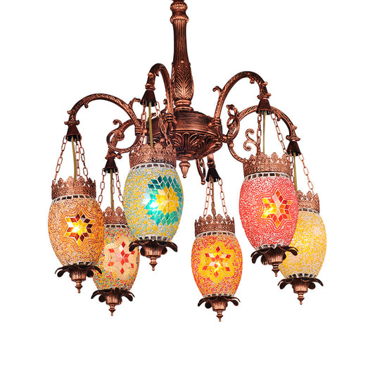 Vintage Droplet Chandelier Lighting Colorful Glass 6 Heads Suspension Light in Copper for Restaurant Clearhalo 'Ceiling Lights' 'Chandeliers' 'Glass shade' 'Glass' Lighting' 248047