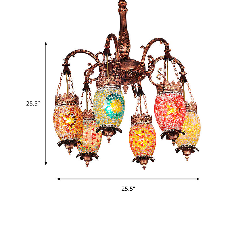 Vintage Droplet Chandelier Lighting Colorful Glass 6 Heads Suspension Light in Copper for Restaurant Clearhalo 'Ceiling Lights' 'Chandeliers' 'Glass shade' 'Glass' Lighting' 248048