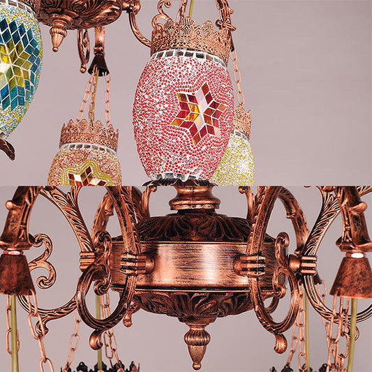 Vintage Droplet Chandelier Lighting Colorful Glass 6 Heads Suspension Light in Copper for Restaurant Clearhalo 'Ceiling Lights' 'Chandeliers' 'Glass shade' 'Glass' Lighting' 248049