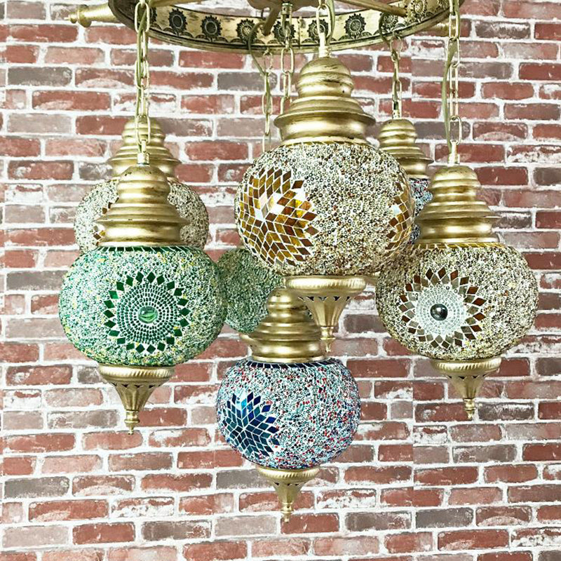 Globe Ceiling Chandelier Retro Colorful Glass 7 Heads Bronze Pendant Lighting Fixture for Living Room Bronze Clearhalo 'Ceiling Lights' 'Chandeliers' 'Glass shade' 'Glass' Lighting' 248050