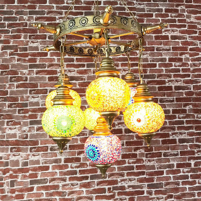 Globe Ceiling Chandelier Retro Colorful Glass 7 Heads Bronze Pendant Lighting Fixture for Living Room Clearhalo 'Ceiling Lights' 'Chandeliers' 'Glass shade' 'Glass' Lighting' 248051