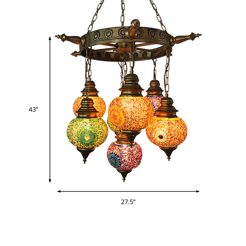 Globe Ceiling Chandelier Retro Colorful Glass 7 Heads Bronze Pendant Lighting Fixture for Living Room Clearhalo 'Ceiling Lights' 'Chandeliers' 'Glass shade' 'Glass' Lighting' 248053