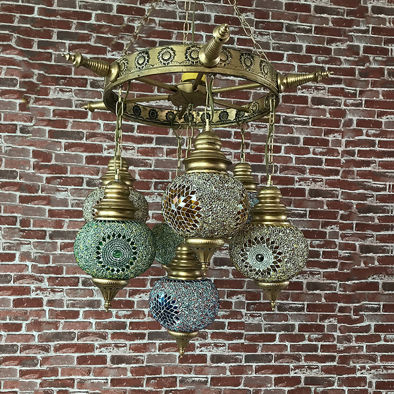 Globe Ceiling Chandelier Retro Colorful Glass 7 Heads Bronze Pendant Lighting Fixture for Living Room Clearhalo 'Ceiling Lights' 'Chandeliers' 'Glass shade' 'Glass' Lighting' 248054