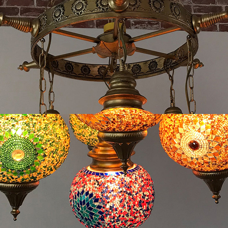 Globe Ceiling Chandelier Retro Colorful Glass 7 Heads Bronze Pendant Lighting Fixture for Living Room Clearhalo 'Ceiling Lights' 'Chandeliers' 'Glass shade' 'Glass' Lighting' 248055