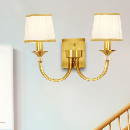 Traditional Drum Wall Light 2 Heads White Fabric Wall Sconce Lighting with Crystal Accent in Brass Brass Clearhalo 'Wall Lamps & Sconces' 'Wall Lights' Lighting' 248056