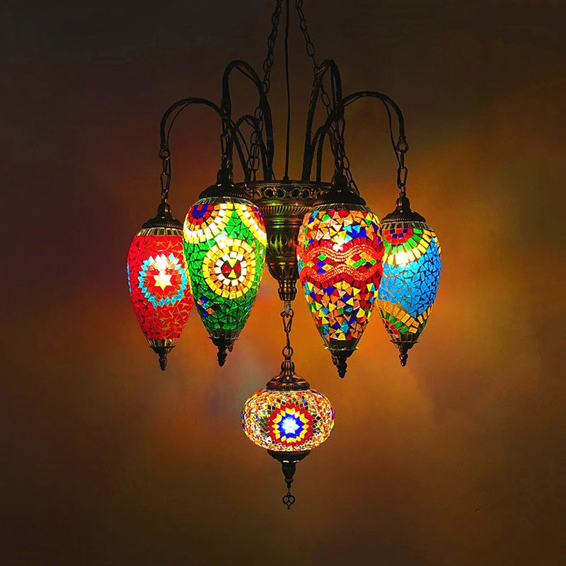 7 Bulbs Coffee House Hanging Chandelier Tradition Ceiling Pendant Light with Droplet Colorful Glass Shade Clearhalo 'Ceiling Lights' 'Chandeliers' 'Glass shade' 'Glass' Lighting' 248061