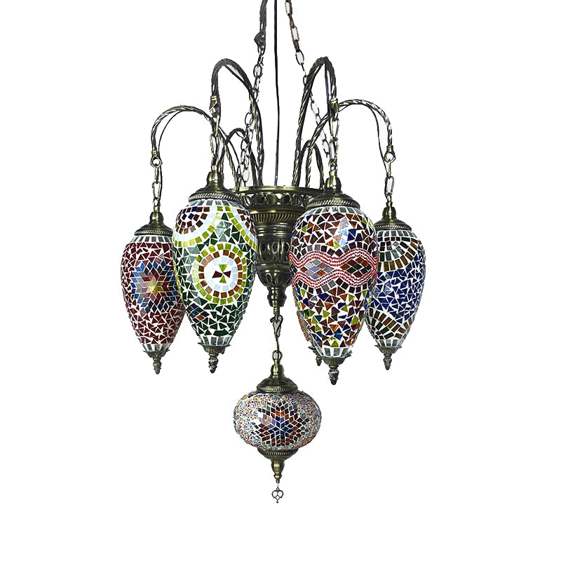 7 Bulbs Coffee House Hanging Chandelier Tradition Ceiling Pendant Light with Droplet Colorful Glass Shade Clearhalo 'Ceiling Lights' 'Chandeliers' 'Glass shade' 'Glass' Lighting' 248063