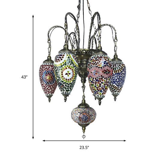 7 Bulbs Coffee House Hanging Chandelier Tradition Ceiling Pendant Light with Droplet Colorful Glass Shade Clearhalo 'Ceiling Lights' 'Chandeliers' 'Glass shade' 'Glass' Lighting' 248064