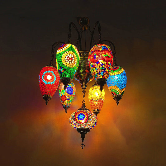 7 Bulbs Coffee House Hanging Chandelier Tradition Ceiling Pendant Light with Droplet Colorful Glass Shade Clearhalo 'Ceiling Lights' 'Chandeliers' 'Glass shade' 'Glass' Lighting' 248065
