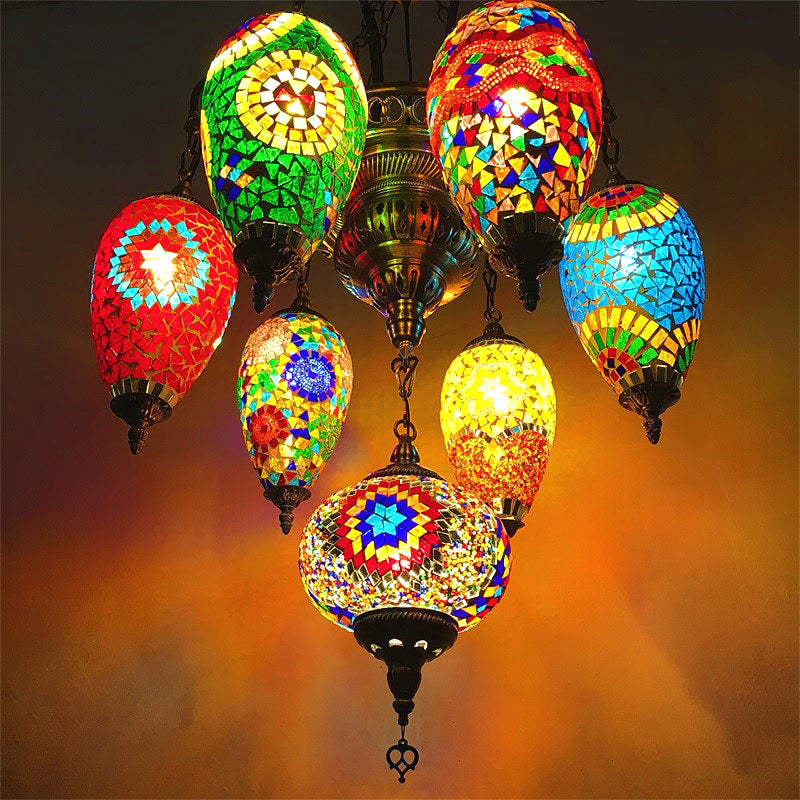 7 Bulbs Coffee House Hanging Chandelier Tradition Ceiling Pendant Light with Droplet Colorful Glass Shade Clearhalo 'Ceiling Lights' 'Chandeliers' 'Glass shade' 'Glass' Lighting' 248066