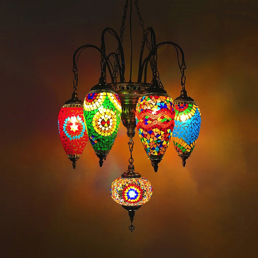 7 Bulbs Coffee House Hanging Chandelier Tradition Ceiling Pendant Light with Droplet Colorful Glass Shade Rose Red Clearhalo 'Ceiling Lights' 'Chandeliers' 'Glass shade' 'Glass' Lighting' 248067
