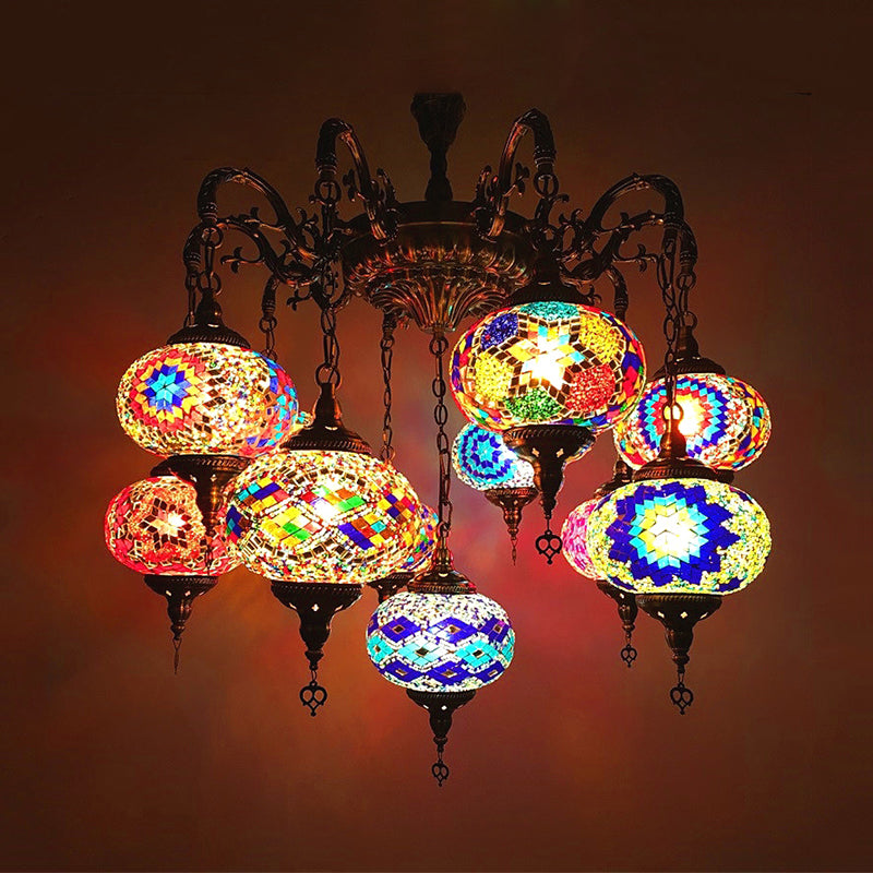 Curved Arm Metal Chandelier Antique 11 Heads Bronze Hanging Light Kit with Global Colorful Glass Shade Bronze Clearhalo 'Ceiling Lights' 'Chandeliers' 'Glass shade' 'Glass' Lighting' 248068
