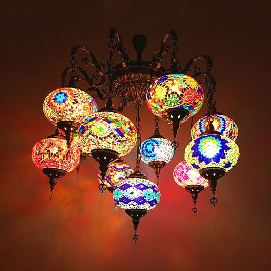 Curved Arm Metal Chandelier Antique 11 Heads Bronze Hanging Light Kit with Global Colorful Glass Shade Clearhalo 'Ceiling Lights' 'Chandeliers' 'Glass shade' 'Glass' Lighting' 248069