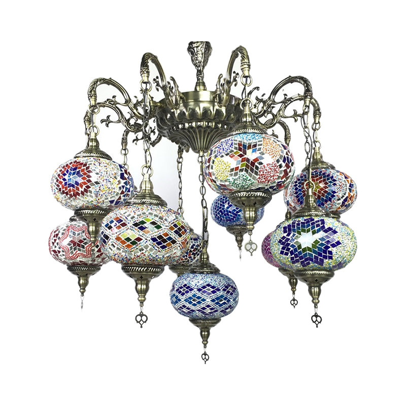 Curved Arm Metal Chandelier Antique 11 Heads Bronze Hanging Light Kit with Global Colorful Glass Shade Clearhalo 'Ceiling Lights' 'Chandeliers' 'Glass shade' 'Glass' Lighting' 248070