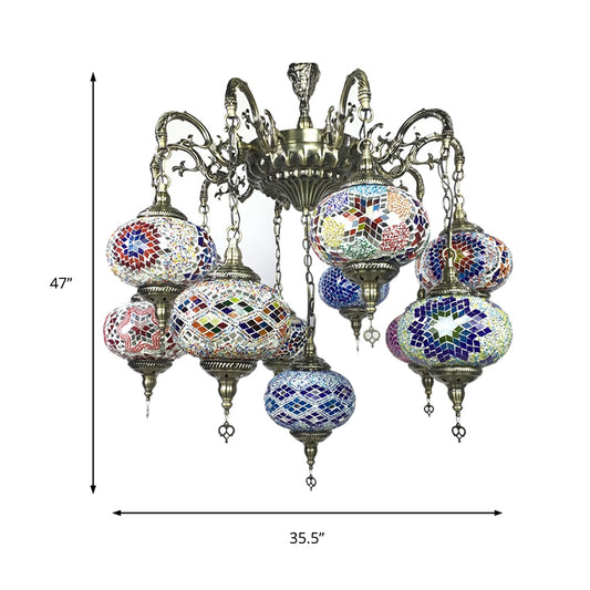 Curved Arm Metal Chandelier Antique 11 Heads Bronze Hanging Light Kit with Global Colorful Glass Shade Clearhalo 'Ceiling Lights' 'Chandeliers' 'Glass shade' 'Glass' Lighting' 248071