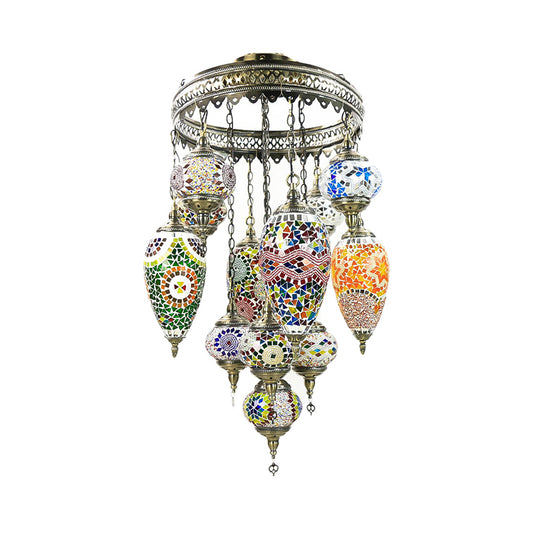 Traditionary Ball and Teardrop Chandelier Lamp Colorful Glass 12 Heads Ceiling Light Fixture in Bronze for Restaurant Clearhalo 'Ceiling Lights' 'Chandeliers' 'Glass shade' 'Glass' Lighting' 248075