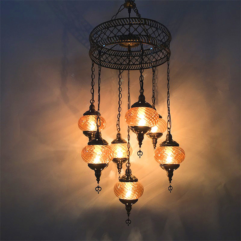 3/5/7 Bulbs Coffee House Hanging Chandelier Retro Bronze Ceiling Pendant Light with Spherical Colorful Glass Shade 7 Bronze Clearhalo 'Ceiling Lights' 'Chandeliers' 'Close To Ceiling Lights' 'Glass shade' 'Glass' Lighting' 248089