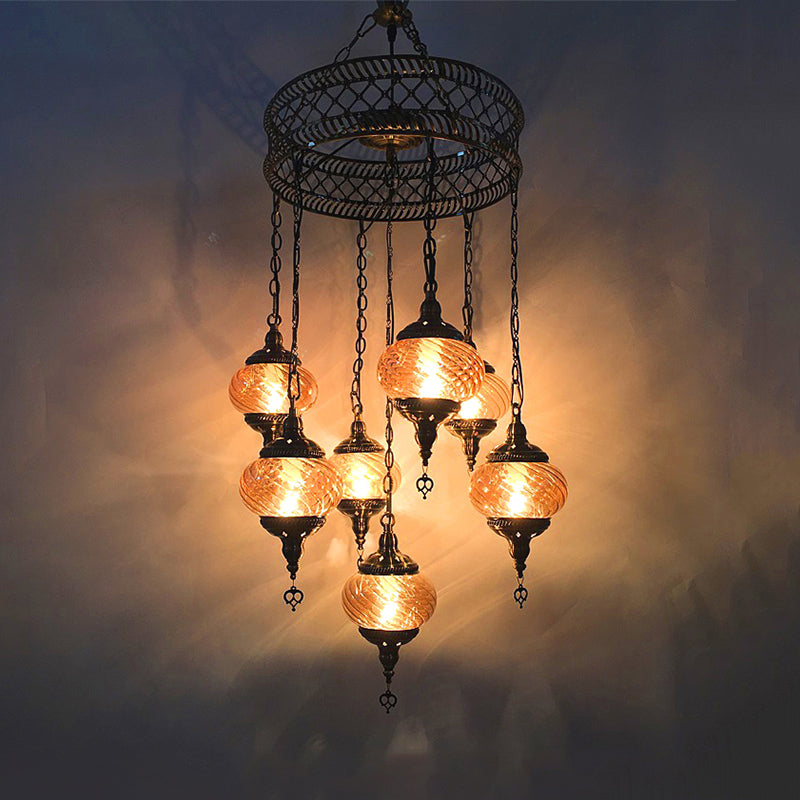 3/5/7 Bulbs Coffee House Hanging Chandelier Retro Bronze Ceiling Pendant Light with Spherical Colorful Glass Shade Clearhalo 'Ceiling Lights' 'Chandeliers' 'Close To Ceiling Lights' 'Glass shade' 'Glass' Lighting' 248090
