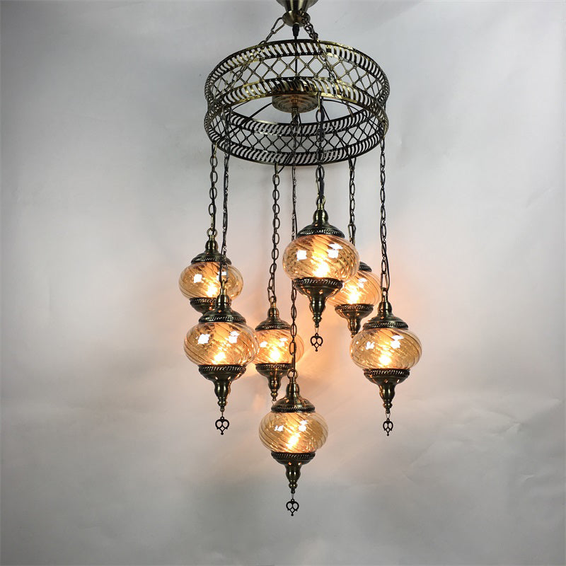 3/5/7 Bulbs Coffee House Hanging Chandelier Retro Bronze Ceiling Pendant Light with Spherical Colorful Glass Shade Clearhalo 'Ceiling Lights' 'Chandeliers' 'Close To Ceiling Lights' 'Glass shade' 'Glass' Lighting' 248091