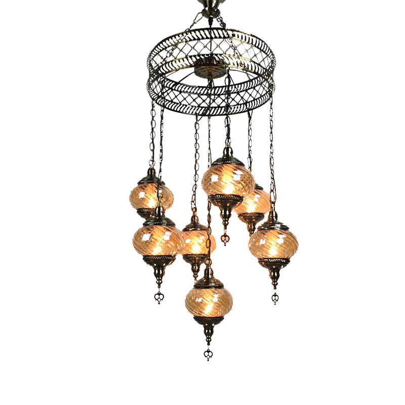 3/5/7 Bulbs Coffee House Hanging Chandelier Retro Bronze Ceiling Pendant Light with Spherical Colorful Glass Shade Clearhalo 'Ceiling Lights' 'Chandeliers' 'Close To Ceiling Lights' 'Glass shade' 'Glass' Lighting' 248092
