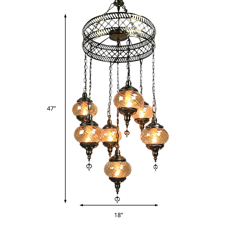 3/5/7 Bulbs Coffee House Hanging Chandelier Retro Bronze Ceiling Pendant Light with Spherical Colorful Glass Shade Clearhalo 'Ceiling Lights' 'Chandeliers' 'Close To Ceiling Lights' 'Glass shade' 'Glass' Lighting' 248093