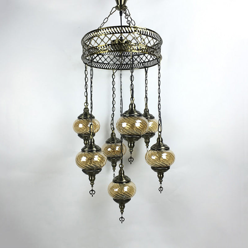 3/5/7 Bulbs Coffee House Hanging Chandelier Retro Bronze Ceiling Pendant Light with Spherical Colorful Glass Shade Clearhalo 'Ceiling Lights' 'Chandeliers' 'Close To Ceiling Lights' 'Glass shade' 'Glass' Lighting' 248094