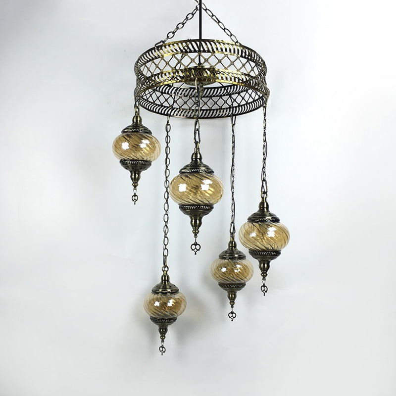3/5/7 Bulbs Coffee House Hanging Chandelier Retro Bronze Ceiling Pendant Light with Spherical Colorful Glass Shade 5 Bronze Clearhalo 'Ceiling Lights' 'Chandeliers' 'Close To Ceiling Lights' 'Glass shade' 'Glass' Lighting' 248095