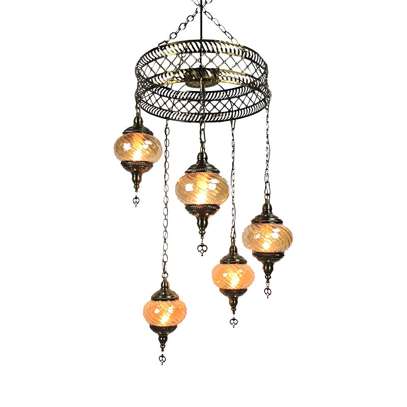 3/5/7 Bulbs Coffee House Hanging Chandelier Retro Bronze Ceiling Pendant Light with Spherical Colorful Glass Shade Clearhalo 'Ceiling Lights' 'Chandeliers' 'Close To Ceiling Lights' 'Glass shade' 'Glass' Lighting' 248096