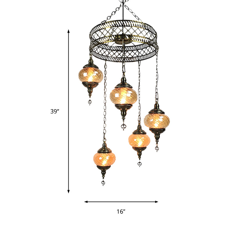 3/5/7 Bulbs Coffee House Hanging Chandelier Retro Bronze Ceiling Pendant Light with Spherical Colorful Glass Shade Clearhalo 'Ceiling Lights' 'Chandeliers' 'Close To Ceiling Lights' 'Glass shade' 'Glass' Lighting' 248097