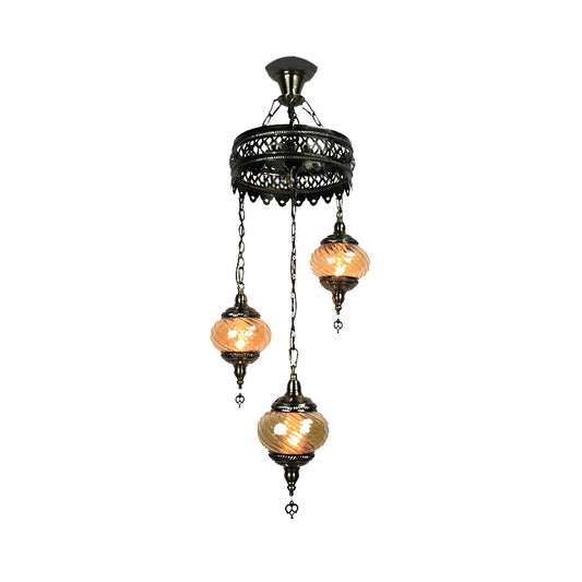 3/5/7 Bulbs Coffee House Hanging Chandelier Retro Bronze Ceiling Pendant Light with Spherical Colorful Glass Shade Clearhalo 'Ceiling Lights' 'Chandeliers' 'Close To Ceiling Lights' 'Glass shade' 'Glass' Lighting' 248099