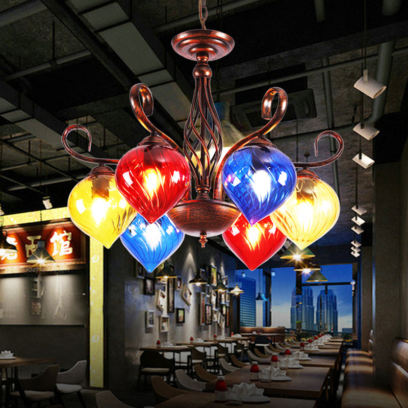 Red Brown Pine Chandelier Lamp Antique 6 Heads Colorful Glass Ceiling Pendant Light Clearhalo 'Ceiling Lights' 'Chandeliers' 'Close To Ceiling Lights' 'Glass shade' 'Glass' Lighting' 248102
