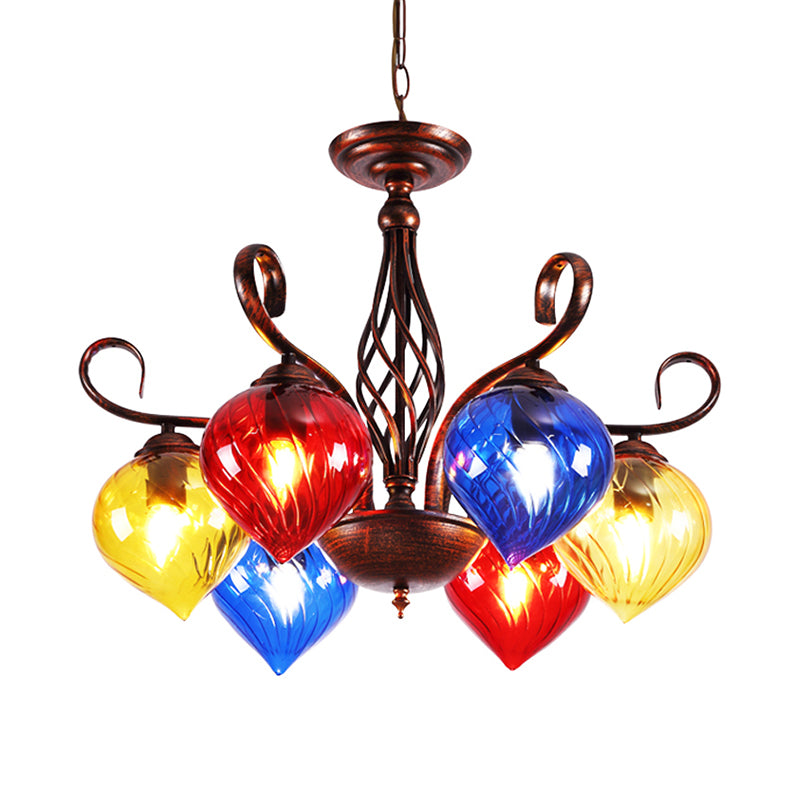 Red Brown Pine Chandelier Lamp Antique 6 Heads Colorful Glass Ceiling Pendant Light Clearhalo 'Ceiling Lights' 'Chandeliers' 'Close To Ceiling Lights' 'Glass shade' 'Glass' Lighting' 248103