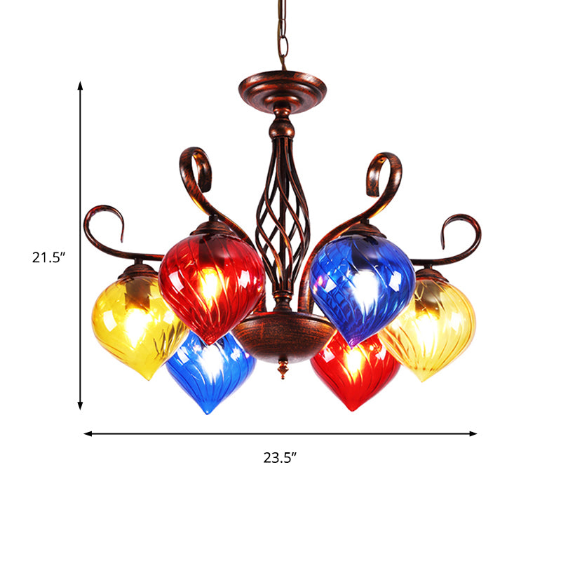 Red Brown Pine Chandelier Lamp Antique 6 Heads Colorful Glass Ceiling Pendant Light Clearhalo 'Ceiling Lights' 'Chandeliers' 'Close To Ceiling Lights' 'Glass shade' 'Glass' Lighting' 248104